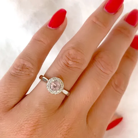 rund rosa kvarts diamantring i 14 karat vitguld 0,50 ct 0,22 ct