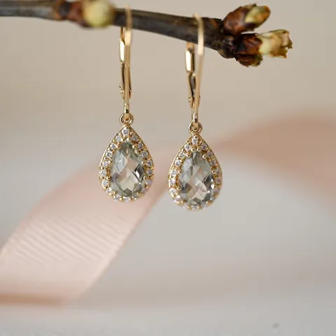 droppe grön ametist diamantörhängen i 14 karat guld med diamant och ametist