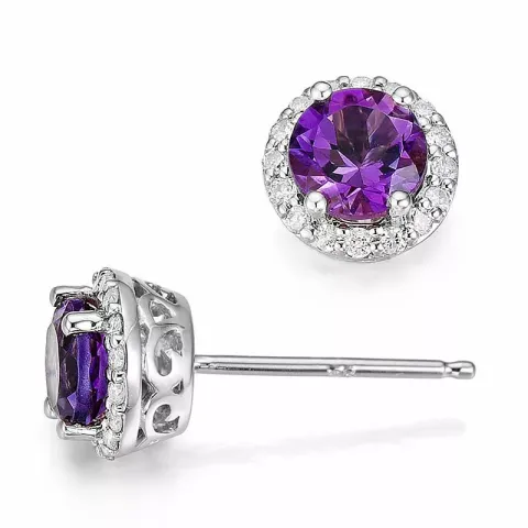 runda ametist diamantörhängen i 14 karat vitguld med diamant och ametist