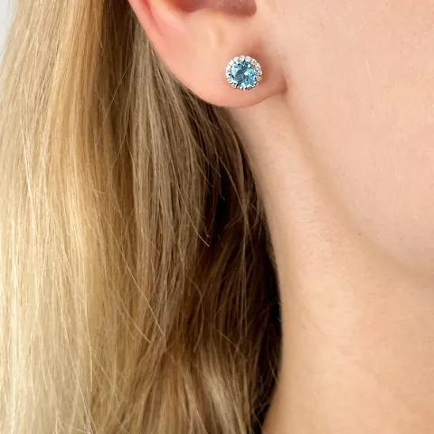 runda blå topas diamantörhängen i 14 karat vitguld med diamant och topas