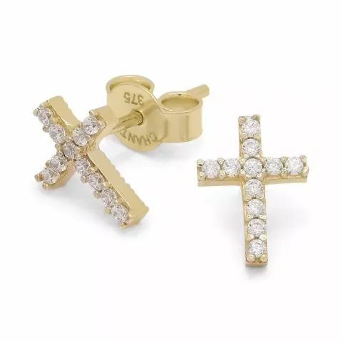 små kors örhängestift i 9 karat guld med zirkon