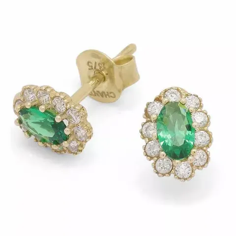 ovala gröna örhängestift i 9 karat guld med zirkon och zirkon