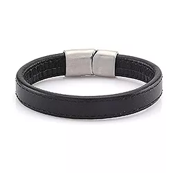 Herr armband i sort läder med stål lås  x 14,3 mm