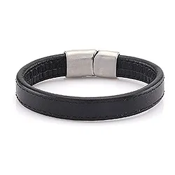 Herr armband i sort läder med stål lås x 14,3 mm