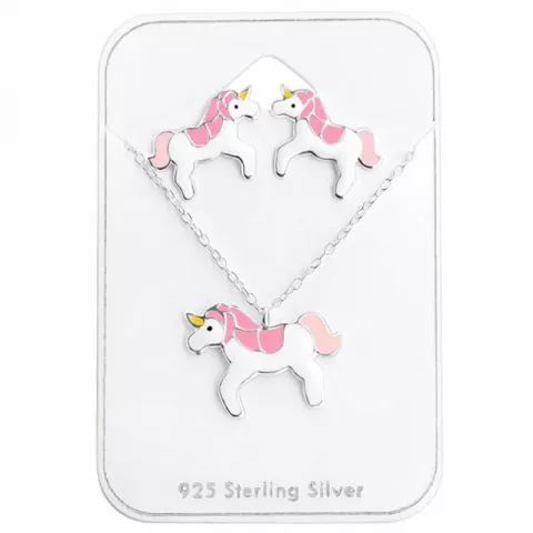 enhörning set med örhängen och halsband i silver vit emalj rosa emalj gul emalj sort emalj