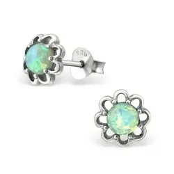Blommor gröna örhängestift i oxiderat sterlingsilver