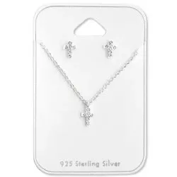 Kors kristal set med örhängen och halsband i silver