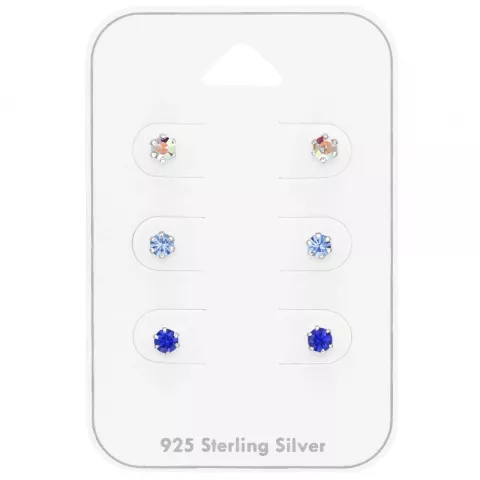3 mm blå kristal örhängestift i silver