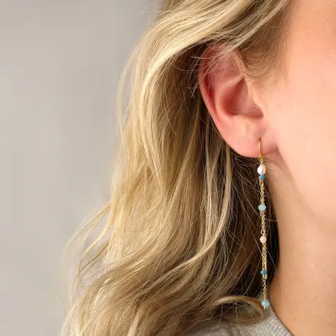 långa blå pärla örhängen i förgyllt silver