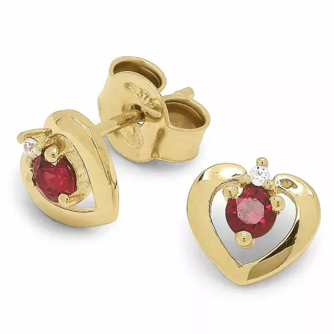 Billiga hjärta örhängestift i 9 karat guld med syntetiska rubiner och zirkoner