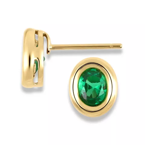 Ovala örhängestift i 9 karat guld med syntetisk smaragd