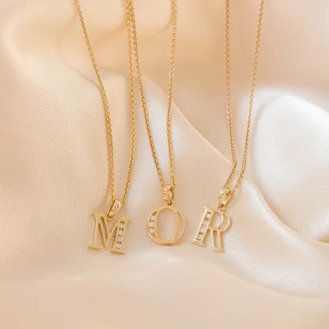 bokstav m hängen i 14  carat guld 0,04 ct