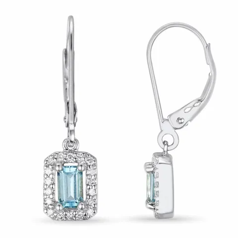 långa fyrkantigt blå topas örhängen i 14 karat vitguld med diamant och topas
