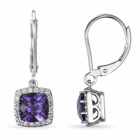 långa fyrkantigt lila ametist örhängen i 14 karat vitguld med diamant och ametist