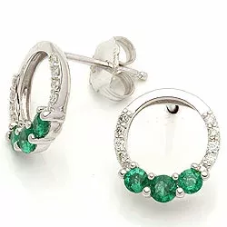 runda smaragd örhängestift i 14 karat vitguld med diamant och smaragd 
