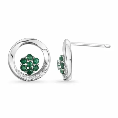 runda blommor smaragd örhängestift i 14 karat vitguld med diamant och smaragd