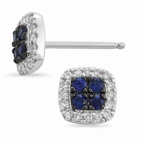 fyrkantigt safir örhängestift i 14 karat vitguld med diamant och safir