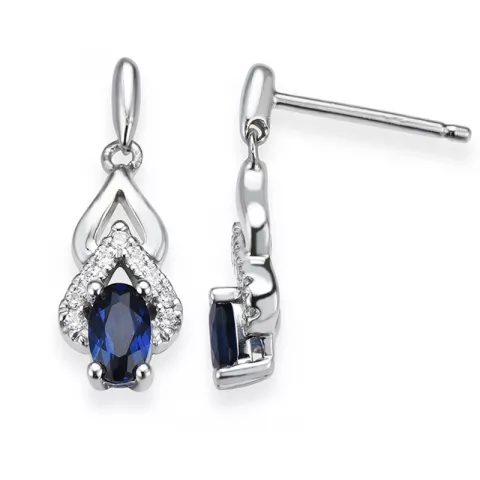 långa blå safir diamantörhängen i 14 karat vitguld med diamant och safir 