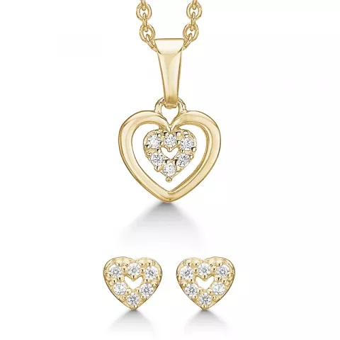 Støvring Design hjärta smycke set i förgyllt silver vit zirkon