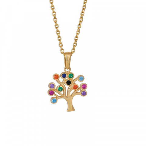 Siersbøl livets träd hängen med halskedja i 8 karat guld med forgylld silverhalskedja multifärgat zirkon