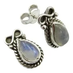 Droppe månsten örhängestift i oxiderat sterlingsilver