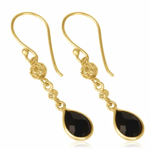 långa droppe onyx örhängen i förgyllt silver