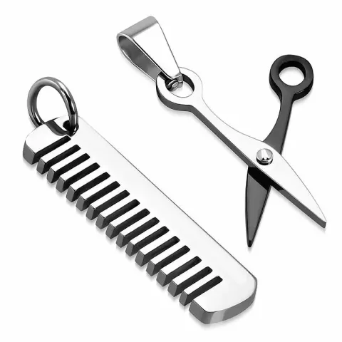 kam och sax hängen i svart stål och stål