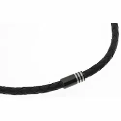 Flätat halsband i sort läder med stål lås  x 4,4 mm