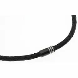 Flätat halsband i sort läder med stål lås x 4,4 mm
