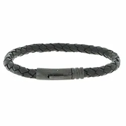 Flätat armband i sort läder med stål lås  x 5,7 mm