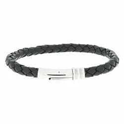 flätat armband i sort läder med stål lås  x 6,2 mm