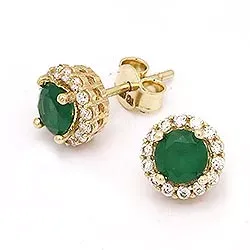 Runda guldörhängestift i 14 karat guld med syntetisk smaragd och zirkoner