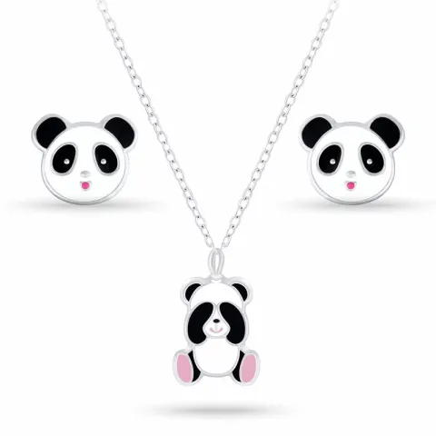 panda set med örhängen och halsband i silver vit emalj sort emalj rosa emalj