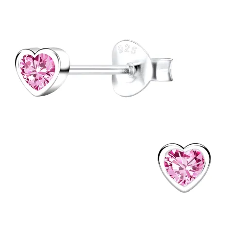 4 x 4 mm hjärta rosa zirkon örhängestift i silver - Little Ones
