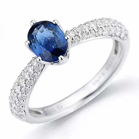 oval blå safir diamantring i 14  karat vitguld 0,506 ct 