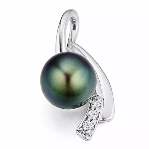 Svart pärla hängen i 14 carat vitguld 0,03 ct