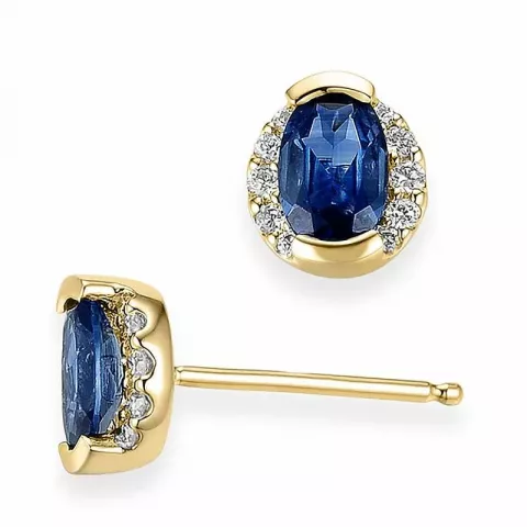 ovala blå safir örhängestift i 14 karat guld med diamant och safir 