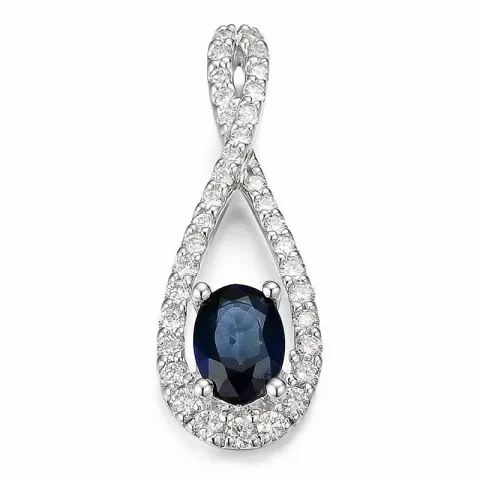 droppformad blå safir diamantberlocker i 14 carat vitguld 0,455 ct