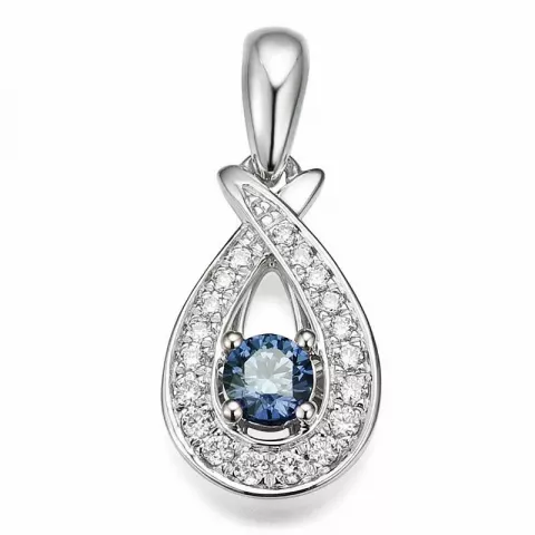 Droppformad blå safir diamantberlocker i 14  carat vitguld 0,102 ct