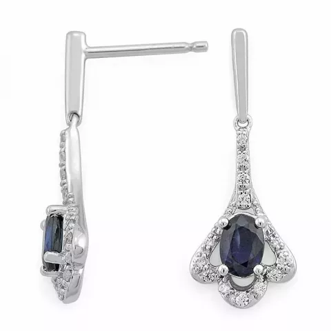 långa blå safir diamantörhängen i 14 karat vitguld med diamant och safir 