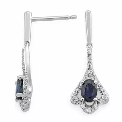 långa blå safir diamantörhängen i 14 karat vitguld med diamant och safir