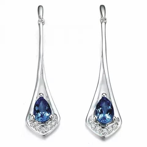 långa blå diamantörhängen i 14 karat vitguld med diamant och safir 