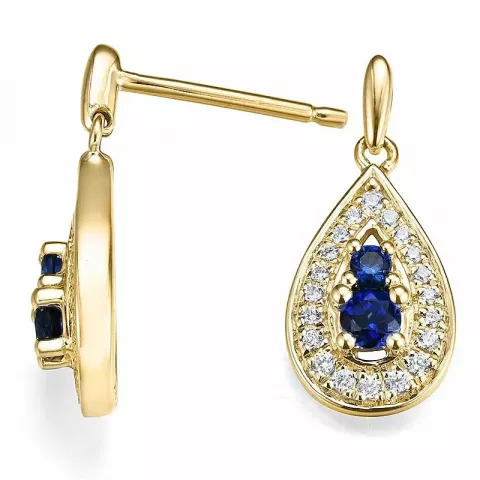 droppe blå safir örhängestift i 14 karat guld med diamant och safir 