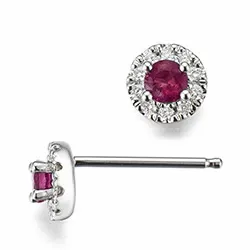 runda röda rubin vitguld örhängestift i 14 karat vitguld med diamant och rubin