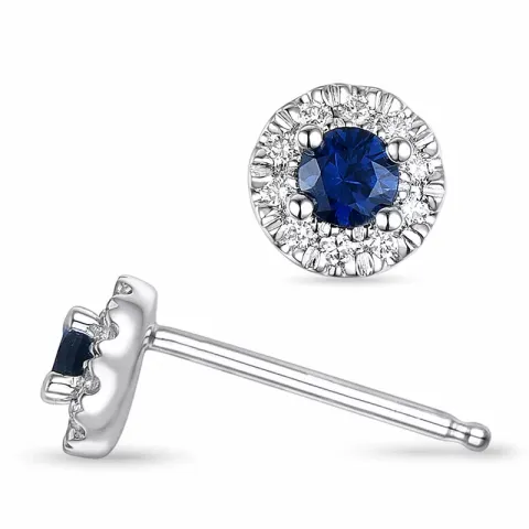 runda blå safir vitguld örhängestift i 14 karat vitguld med diamant och safir