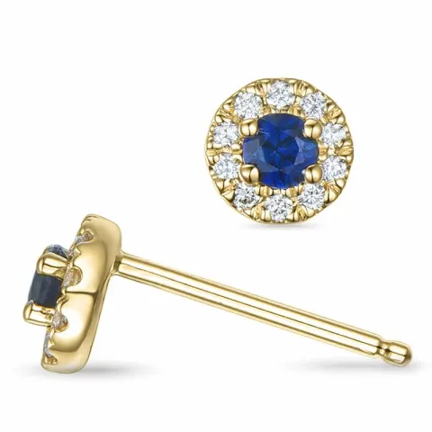 runda blå safir guld örhängestift i 14 karat guld med diamant och safir 