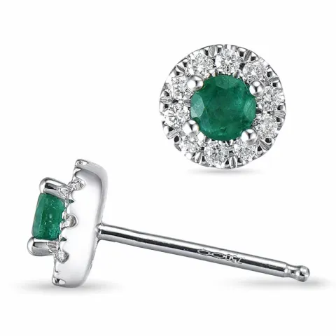 runda gröna smaragd örhängestift i 14 karat vitguld med diamant och smaragd
