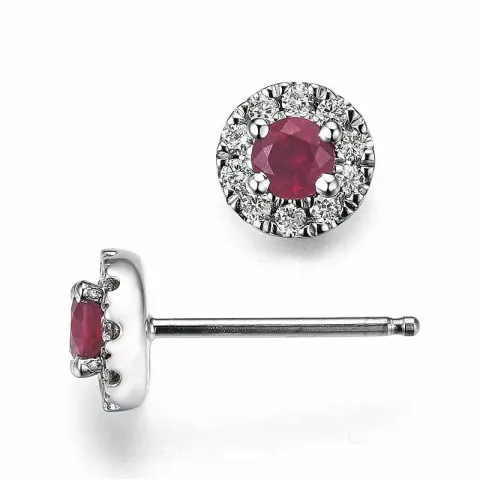 runda röda rubin örhängestift i 14 karat vitguld med diamant och rubin