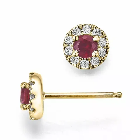 runda röda rubin örhängestift i 14 karat guld med diamant och rubin