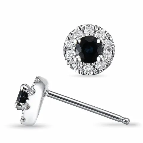 runda blå safir örhängestift i 14 karat vitguld med diamant och safir